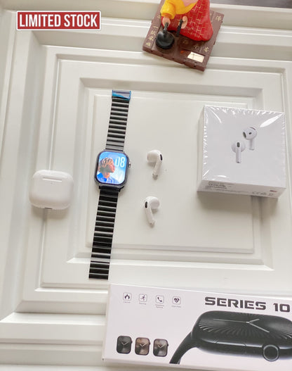 Most Trending 3-in-1 Combo of series10 smartwatch + air pro4 + metal clip chain belt