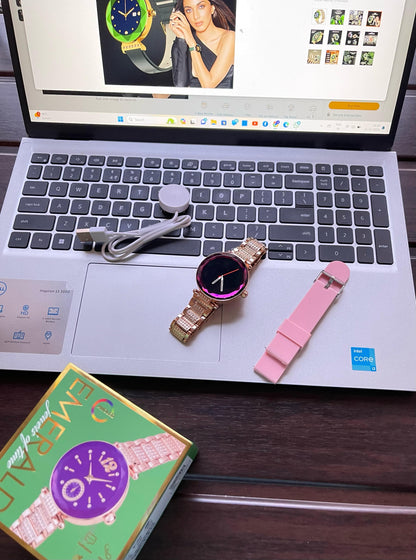 Emerald Gemstone-Studded Diamond Cut Smart Watch with 1.09” HD Display