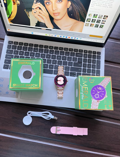 Emerald Gemstone-Studded Diamond Cut Smart Watch with 1.09” HD Display